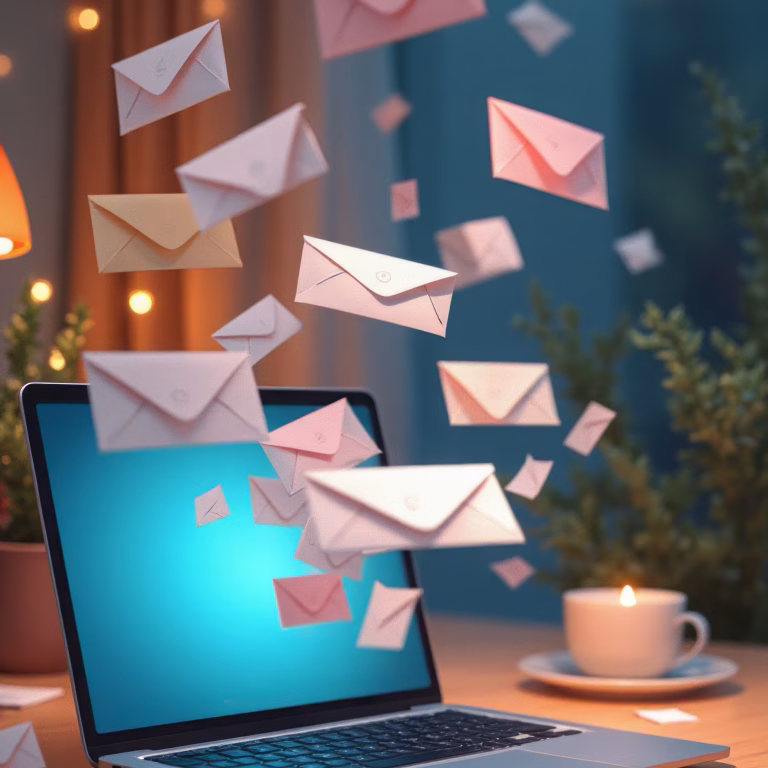 A whimsical scene of emails flying out of a laptop screen, symbolizing digital communication overload.